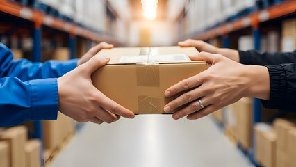 Two people exchanging a cardboard box in a warehouse setting with shelves