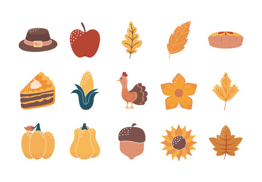 Orange And Brown Thanksgiving Autumn Food Icons Set