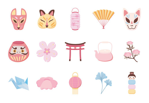 Colorful Japanese Culture Tradition Icons Set