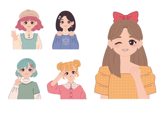 Colorful Cute Anime Girls Illustration Set