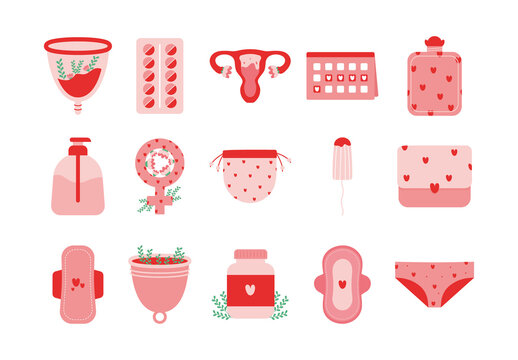 Red And Pink Feminine Health Icons Set