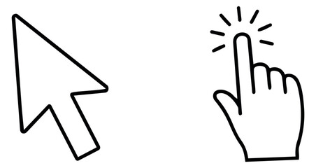 Obraz premium Line art cursor icon set featuring an arrow pointer and a clicking hand for digital interaction and user interface design