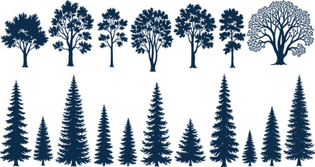 Obraz premium Collection of dark blue deciduous and coniferous tree silhouettes on white nature forest