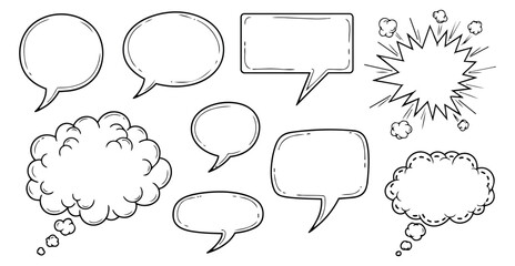 Fototapeta premium Hand drawn line art comic bubble set featuring various speech, thought, and explosion elements for communication design