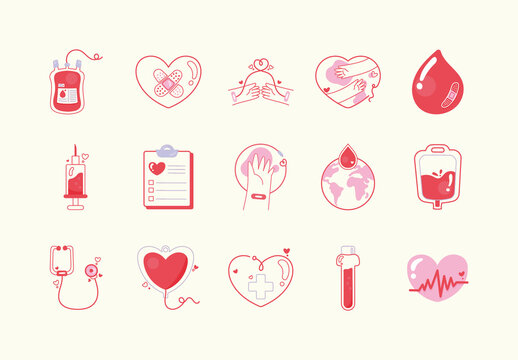 Red Blood Donate Doodle Illustrations Set