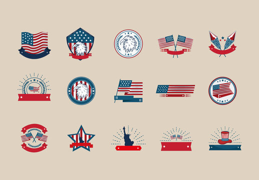 Red And Blue USA Independence Day Illustrations Set