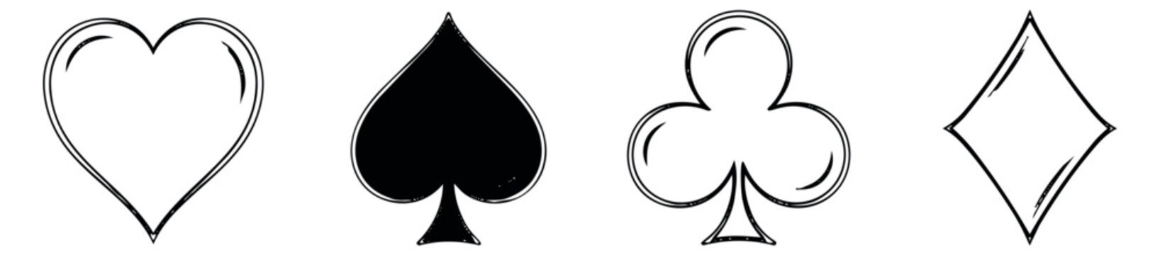 Hand drawn line art playing card suits set featuring heart, spade, club, and diamond for games and casino design