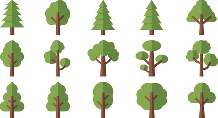 Collection of fifteen flat design trees with brown trunks and green foliage Keywords: tree, trees, flat design, icon © ripon29
