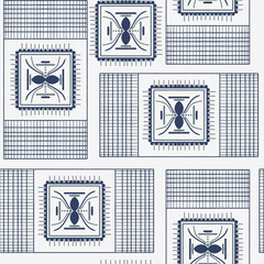 Seamless Navy Blue Geometric Pattern with Ethnic Square Motifs and Grid Textures on White Background