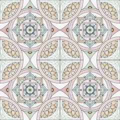 Seamless Geometric Mandala Tile Pattern with Intricate Floral Ornaments and Pastel Colors