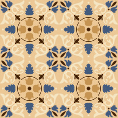 Seamless Vintage Floral Tile Pattern with Blue and Tan Damask Inspired Botanical Ornaments