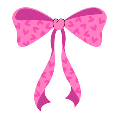 Pink ribbon bow with heart-shaped pattern and long tails, romantic decorative element for Valentine's Day, isolated on white background. Hair accessory