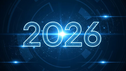 Futuristic digital clock displaying the year 2026 with a cosmic background.