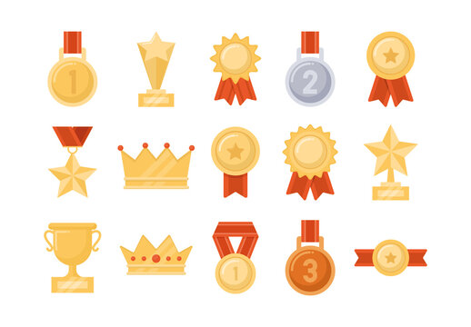 Gold And Red Prize Trophy Award Icons Set