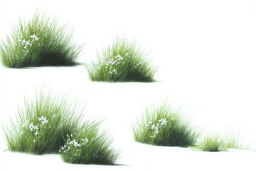 Clusters of green grass with small white flowers on a white background clumps of grass tufts of grass