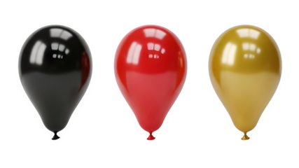 Three shiny black, red, and gold balloons isolated on black background