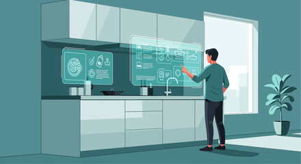 Futuristic kitchen interface enabling interaction and automation for modern living experiences