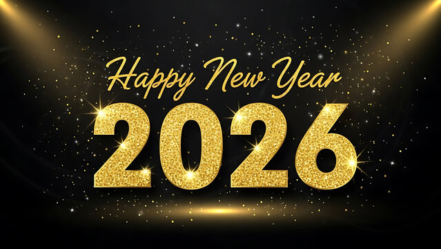Happy New Year 2026 with Sparkling Gold Glitter Text on Dark Background