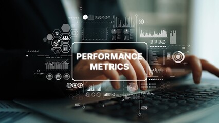 Businessman Analyzing Performance Metrics with Data Visualizations on Laptop Keyboard in Modern Workspace. Asymptotic smart data analytic.