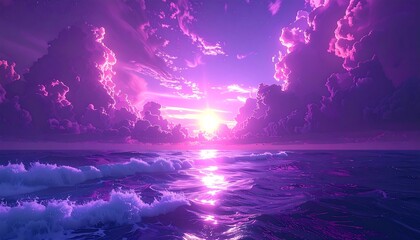 Vibrant sunset over a purple ocean