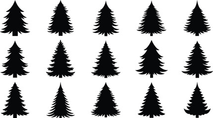 Fifteen Black Silhouette Evergreen Trees in Three Rows on White Background Keywords: pine tree, fir tree, spruce tree, evergreen