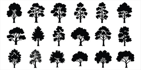 Fifteen black silhouette deciduous trees with full foliage on white background