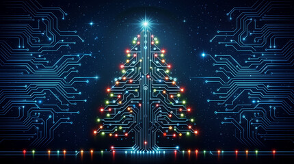 A creative design shows a Christmas tree formed from circuit patterns. Colorful lights are placed along the branches, and a star sits on top