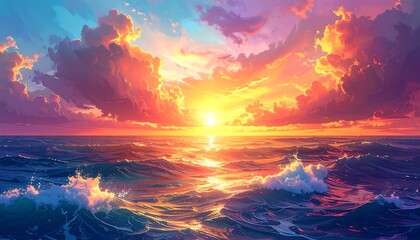 Vibrant sunset over a restless sea
