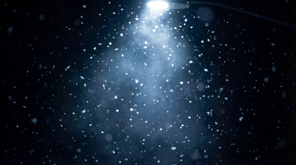 Snow is falling softly at night, illuminated by the light of a nearby street lamp. The scene shows a dark sky filled with falling snowflakes creating a winter atmosphere