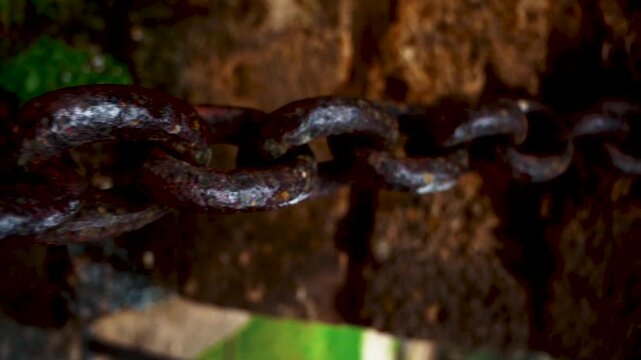 Texture of oxidized iron chain links in a historic site.