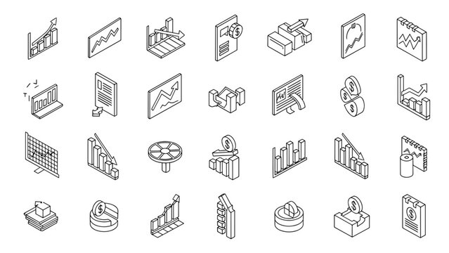 A collection of isometric black and white financial and statistical icons, showing graphs, charts, and dollar signs