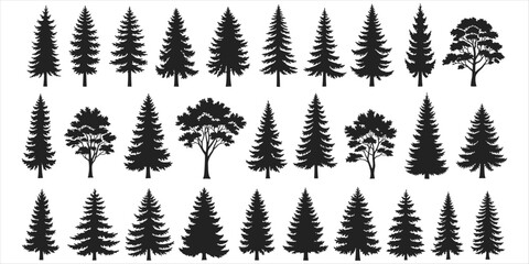 Large Collection of Diverse Black Silhouette Trees on White Background Keywords: pine tree, fir tree, spruce tree, evergreen