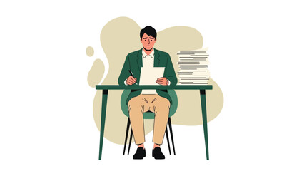 Young man working at desk surrounded by paperwork and documents in an office environment