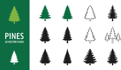 Pine Tree Vector Icons Collection Green and Black Silhouettes Keywords: pine tree, conifer, evergreen, tree, forest, nature