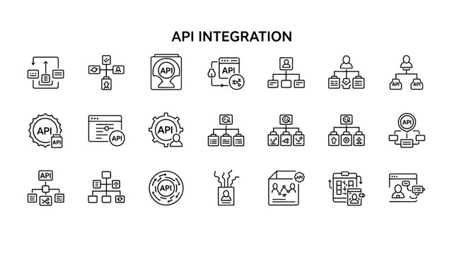 A collection of black-and-white icons illustrating API integration processes and components for digital systems. Includes various network diagrams
