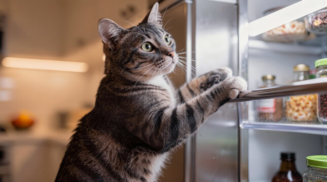 A tabby cat stands on its hind legs with its front paws on the refrigerator door. The kitchen is well lit, and there are various jars and bottles visible inside the open fridge