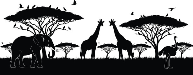 African safari wildlife silhouette landscape, giraffes elephant rhinoceros acacia trees birds, dramatic savanna nature scene, black white vector illustration © Jisan World