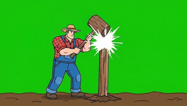 Farmer hammering wooden posts into ground vector motion on green screen