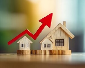 Red arrow over wood homes models indicating property value rising market trend concept