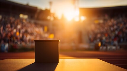 Sunset victory podium glows with cheering crowd blurred beyond dramatic golden light stock photo