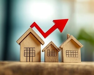 Houses with upward pointing arrow representing rising property values or market trends