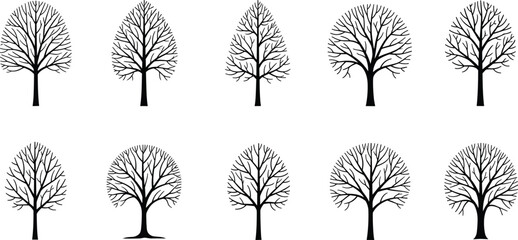 Ten black and white silhouettes of deciduous trees without leaves on a white background Keywords: tree, trees, silhouette, black