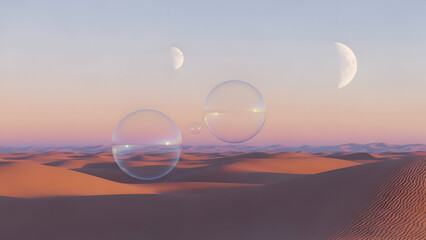 Surreal desert landscape with bubbles floating in the air at sunset with multiple moons in the sky