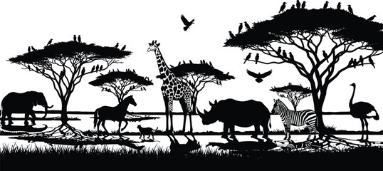 Safari wildlife silhouette landscape illustration, african savanna animals giraffe elephant zebra rhino birds trees, dramatic nature scene vector art design © Jisan World
