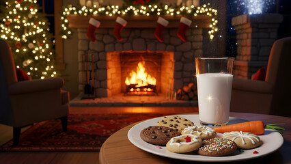 A festive plate of christmas cookies and a glass of milk on a table in front of a cozy fireplace with stockings