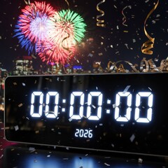New Year Celebration with Fireworks and Countdown Clock to 2026.