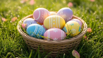 Colorful decorated easter eggs in wicker basket on green grass with flowers in springtime