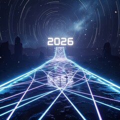 Futuristic Neon Network Reaches for 2026 Horizon with Glowing Grids.