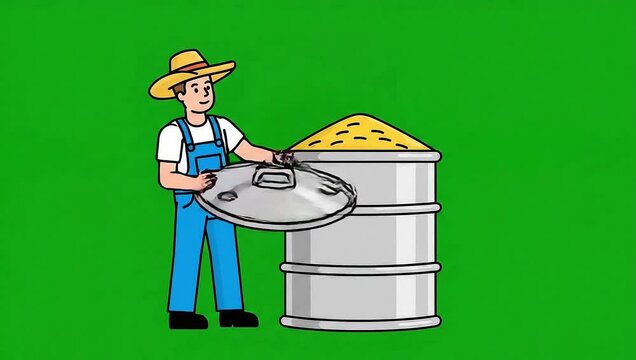 Farmer opening grain storage drum minimal vector animation on green screen