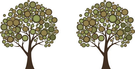 Two Stylized Trees with Circular Green and Brown Foliage on White Background Keywords: tree, trees, stylized, circular, foliage